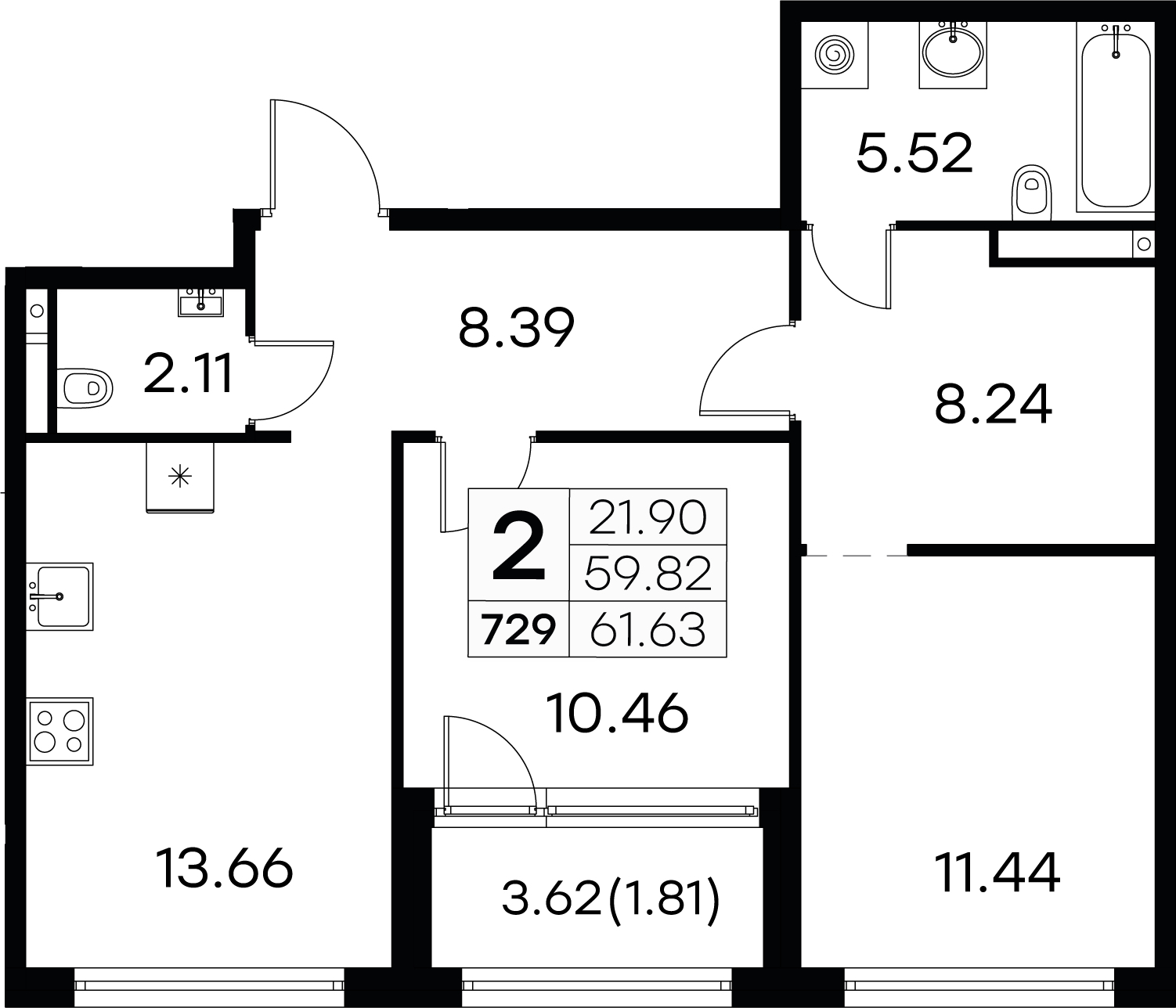 2-комнатная квартира 61.63 м², 2/7 эт., ЖК «GloraX Aura Vasileostrovsky»